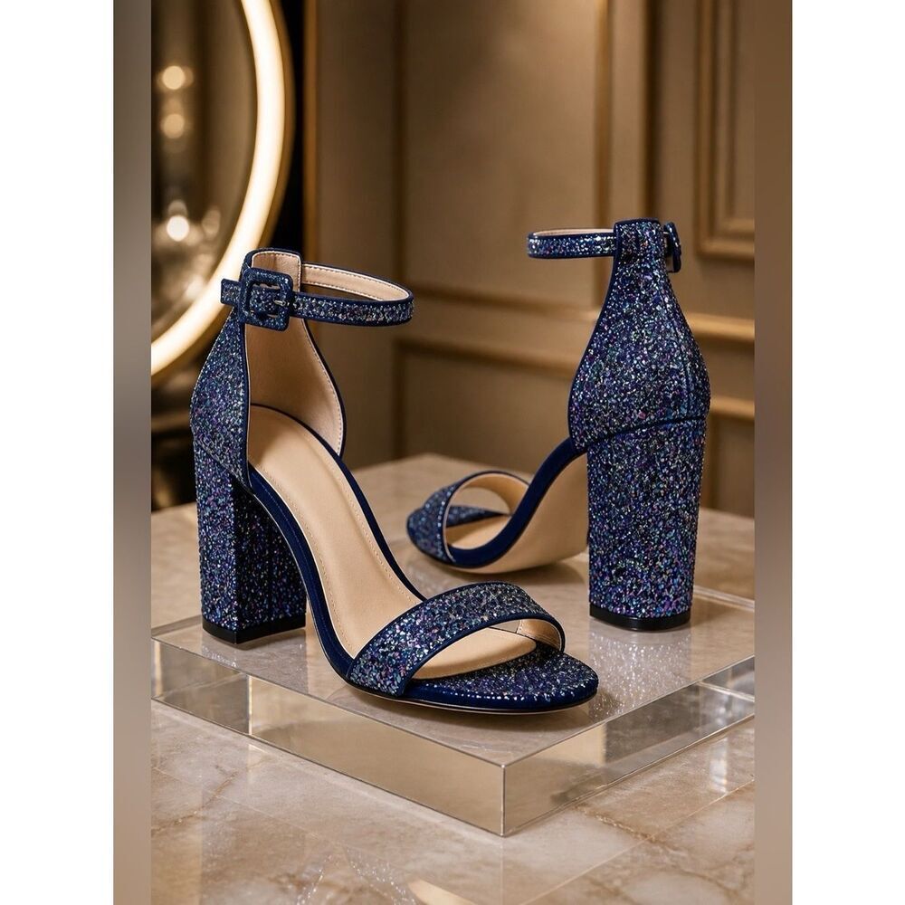 BLUE GLITTER ANKLE STRAP OPEN TOE 4” HEEL SANDAL SIZE 8.5 MIX NO. 6
